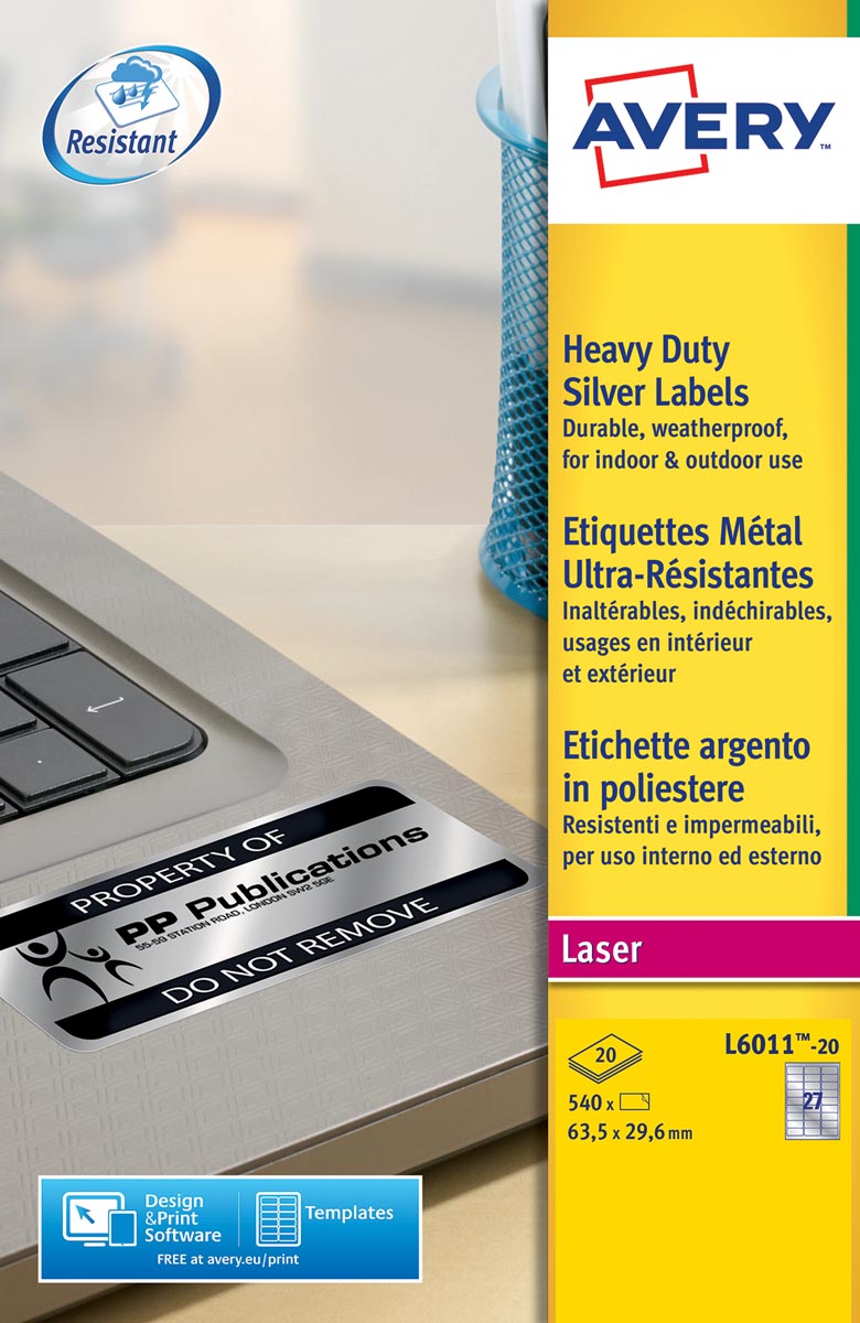 Avery L6011-20 ultra-sterke etiketten ft 63,5 x 29,6 mm (b x h), 540 etiketten, zilver afbeelding