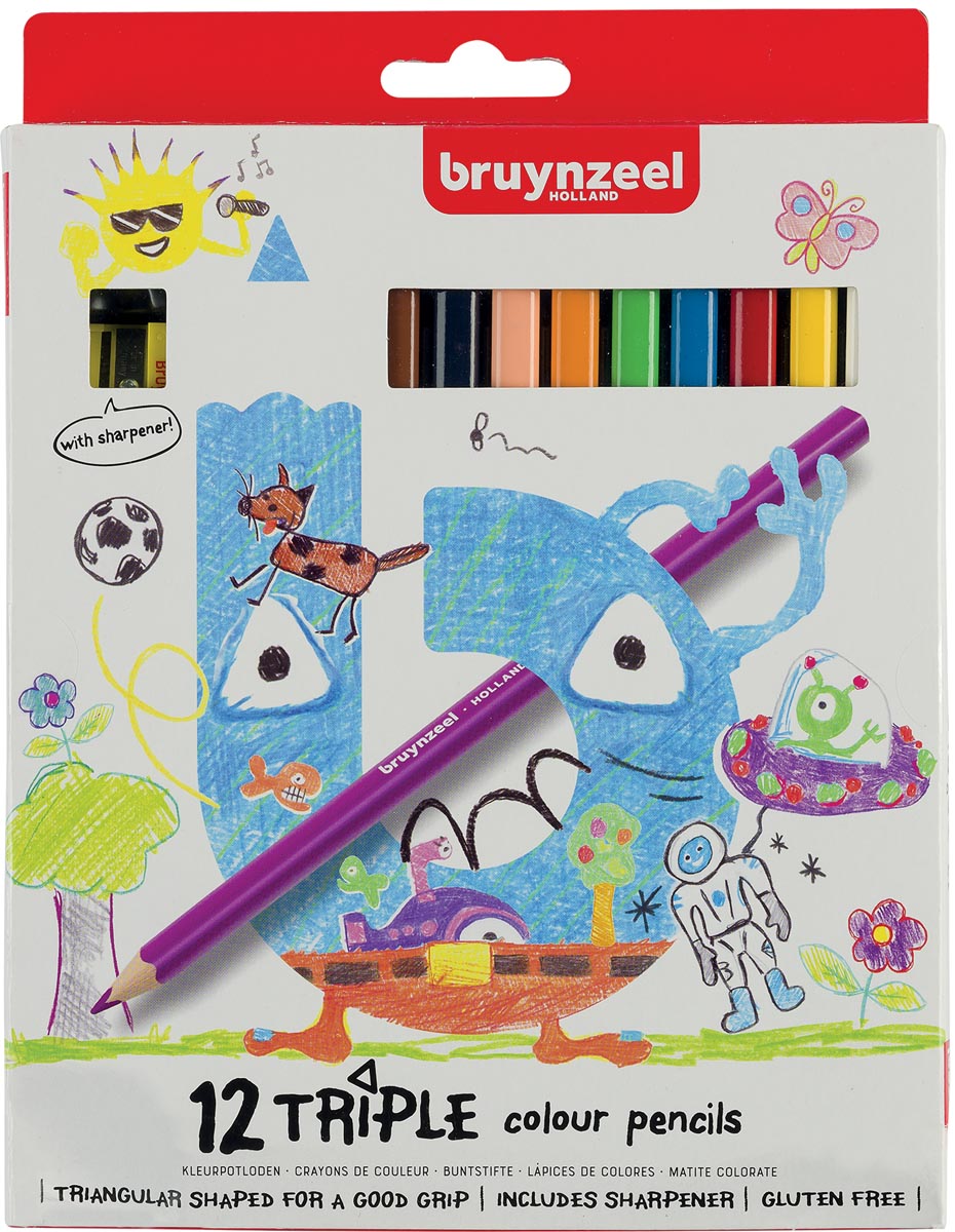 Bruynzeel Kids kleurpotloden Triple, blister van 12 geassorteerde kleuren