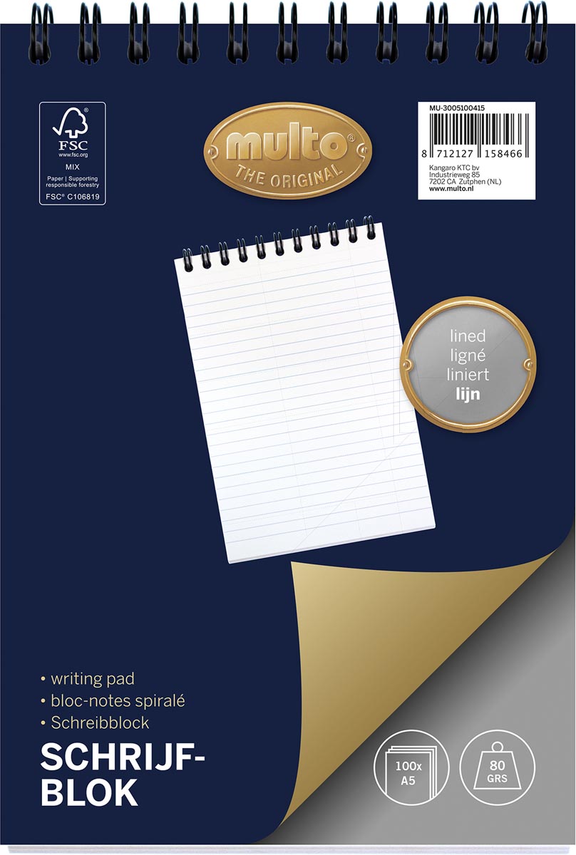 Multo kopspiraalblok, ft A5, gelijnd, 100 vel