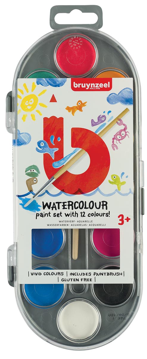 Bruynzeel Kids waterverf, set van 12 geassorteerde kleuren, in ophangbaar doosje