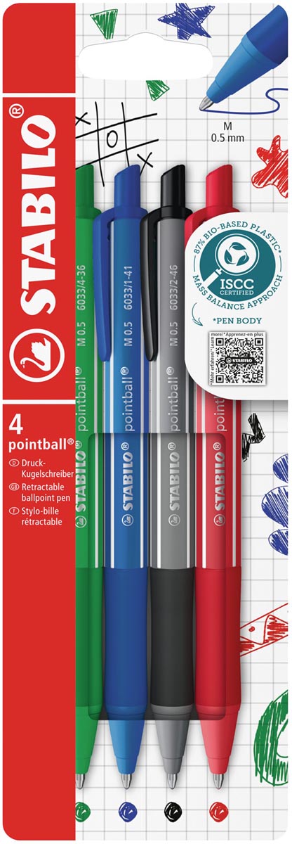 Stabilo Pointball colorful balpen, medium punt, etui van 4 stuks, assorti