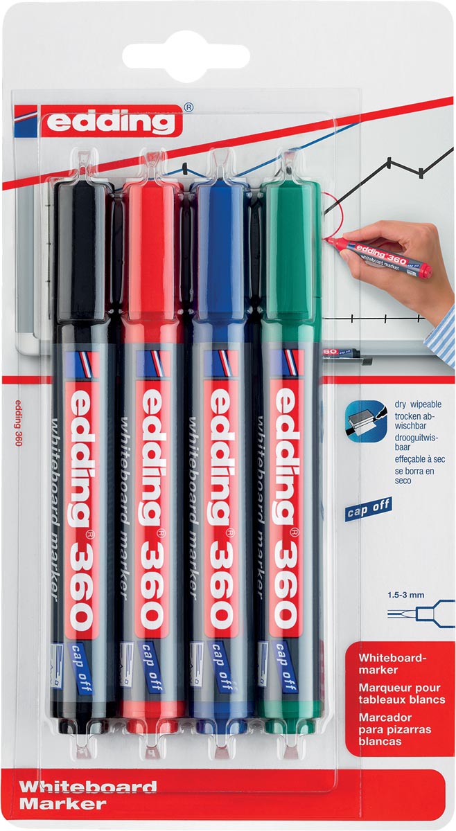 edding whiteboardmarker 360, blister met 4 stuks in geassorteerde kleuren afbeelding