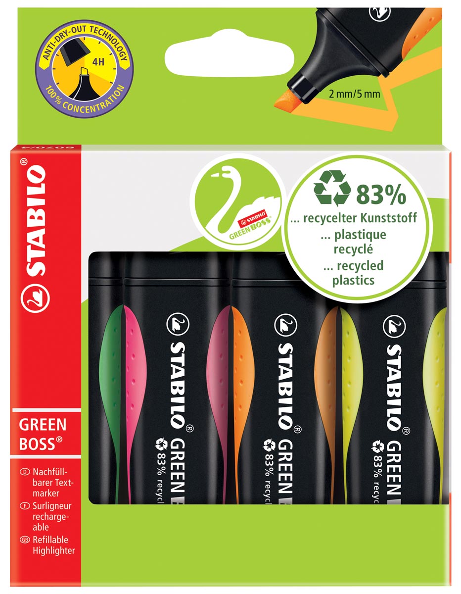 STABILO GREENBOSS markeerstift, blister van 4 stuks in geassorteerde kleuren afbeelding