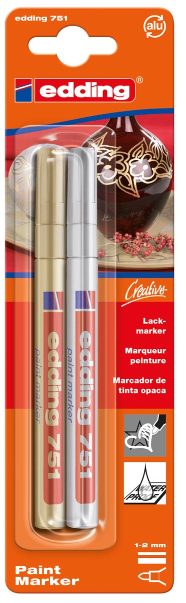 Edding glanslakmarker e-751, blister van 2 stuks, goud en zilver afbeelding
