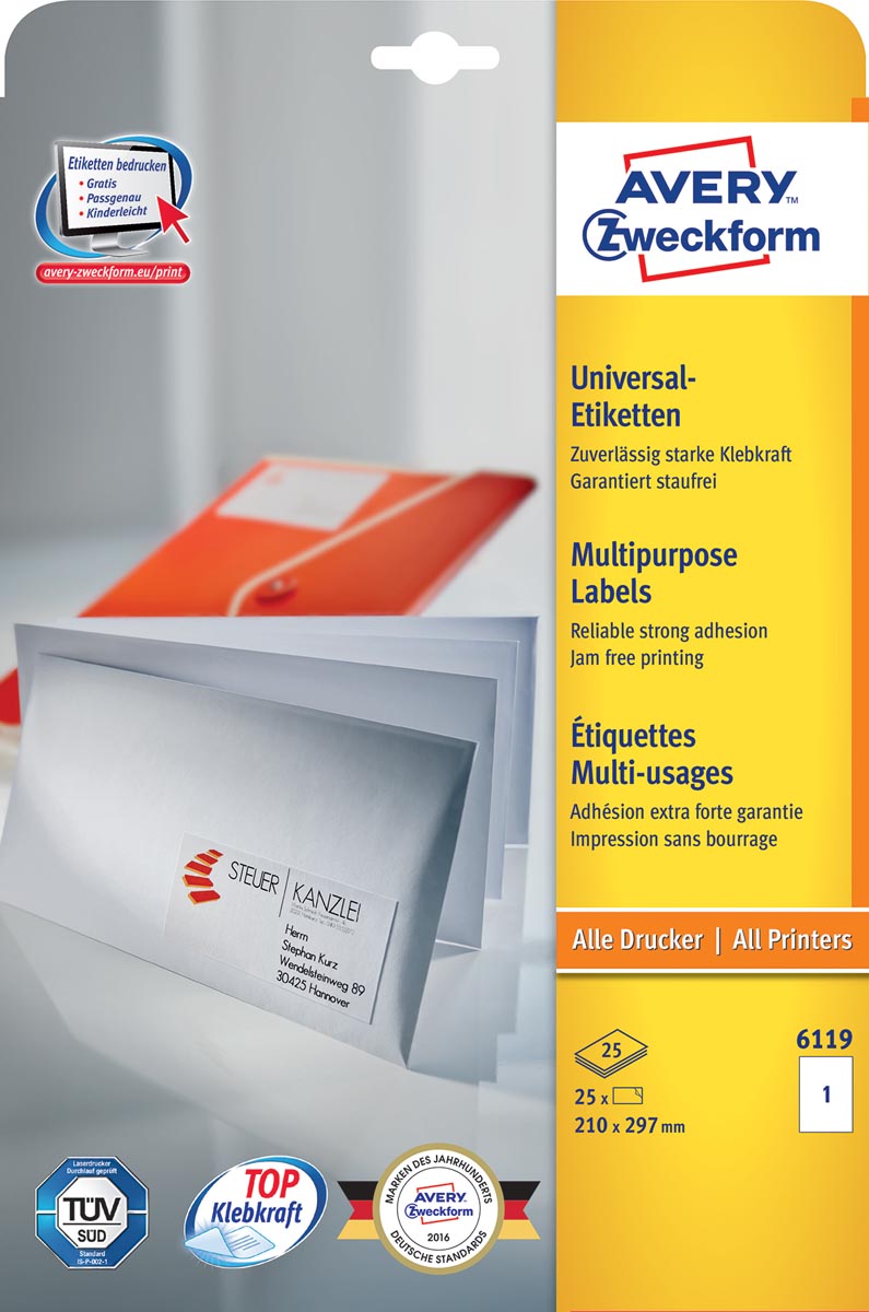 Avery Zweckform 6119, Universele etiketten, Ultragrip, wit, 25 vel, 1 per vel, 210 x 297 mm