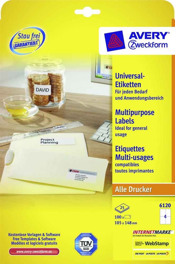 Avery Zweckform 6120, Universele etiketten, Ultragrip, wit, 25+5 vel, 4 per vel, 105 x 148 mm