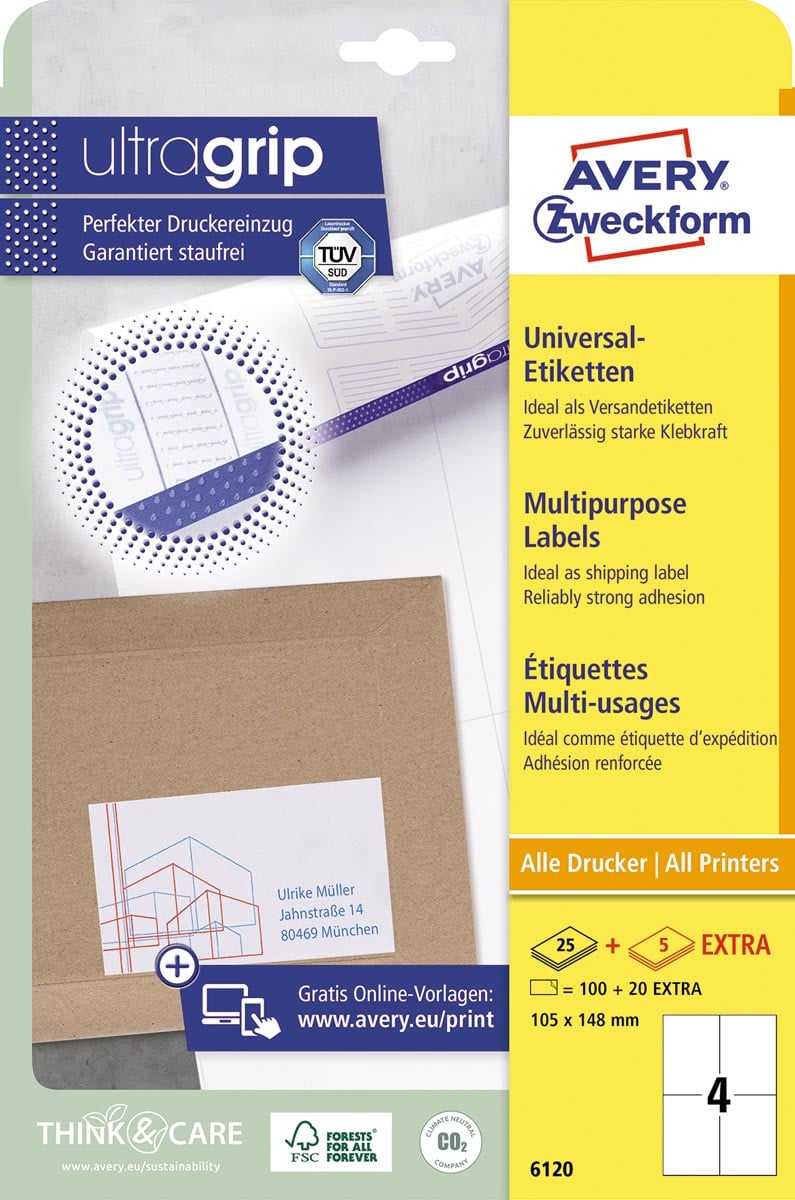 Avery Zweckform 6120, Universele etiketten, Ultragrip, wit, 25+5 vel, 4 per vel, 105 x 148 mm afbeelding