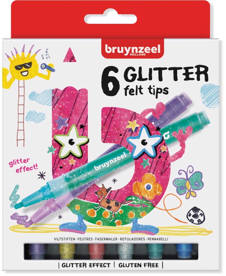 Bruynzeel Kids viltstiften Glitter, set van 6 stuks in geassorteerde kleuren Bruynzeel Kids viltstiften Glitter, set van 6 stuks in geassorteerde kleuren