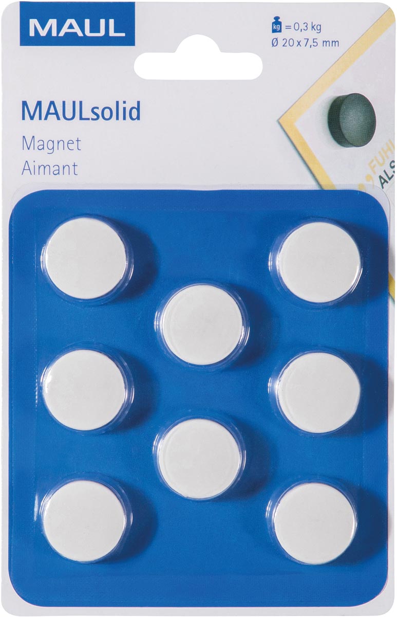 MAUL magneet Solid, 20 mm, trekkracht 300 gr, blister van 8 stuks, wit afbeelding