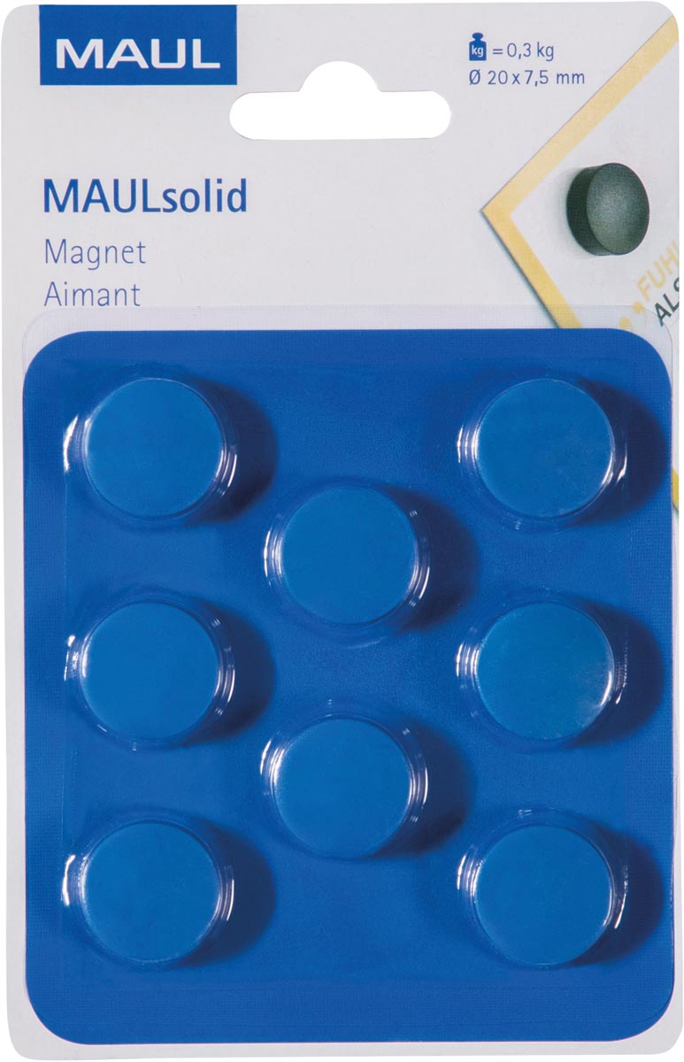 MAUL magneet Solid, 20 mm, trekkracht 300 gr, blister van 8 stuks, blauw afbeelding