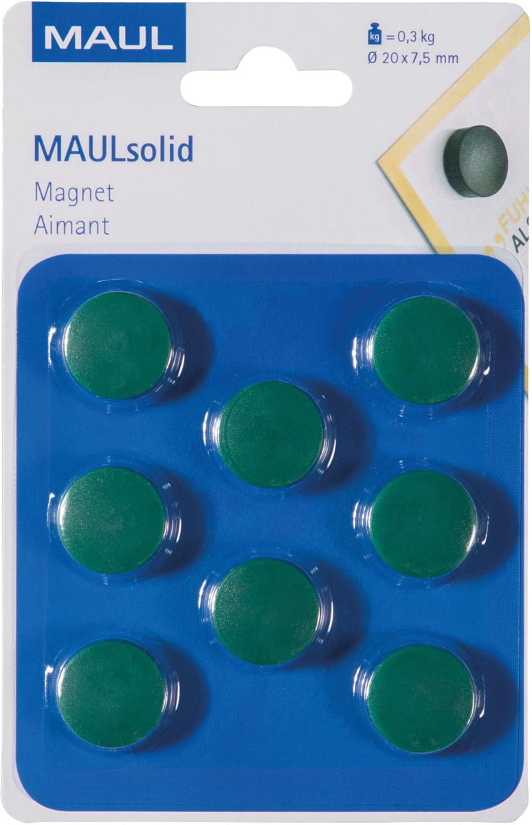 MAUL magneet Solid, 20 mm, trekkracht 300 gr, blister van 8 stuks, groen afbeelding