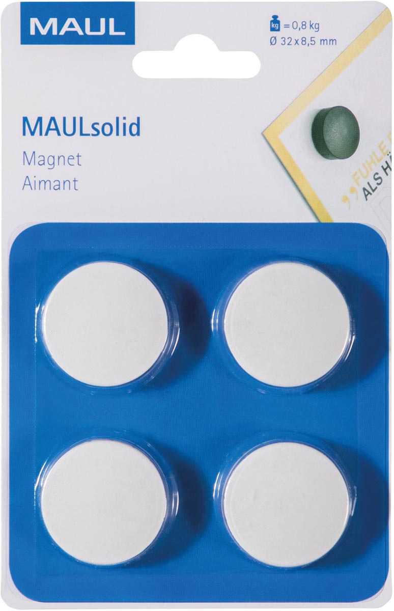 MAUL magneet Solid, 32 mm, trekkracht 800 gr, blister van 4, stuks, wit afbeelding