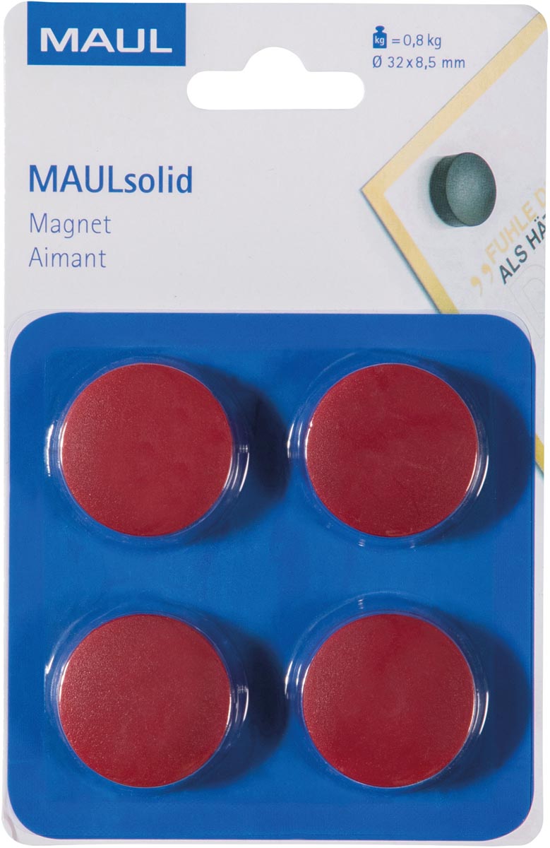 MAUL magneet Solid, 32 mm, trekkracht 800 gr, blister van 4 stuks, rood afbeelding
