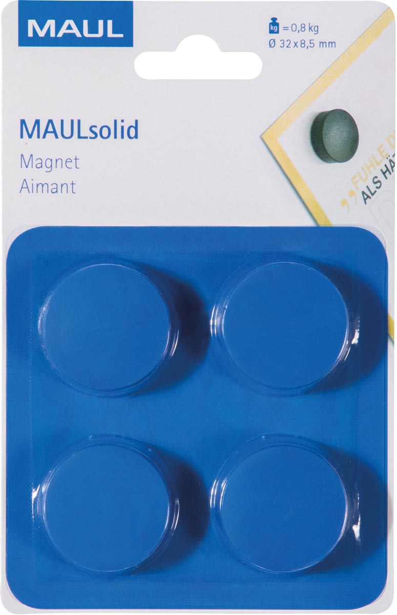 MAUL magneet Solid, 32 mm, trekkracht 800 gr, blister van 4 stuks, blauw afbeelding