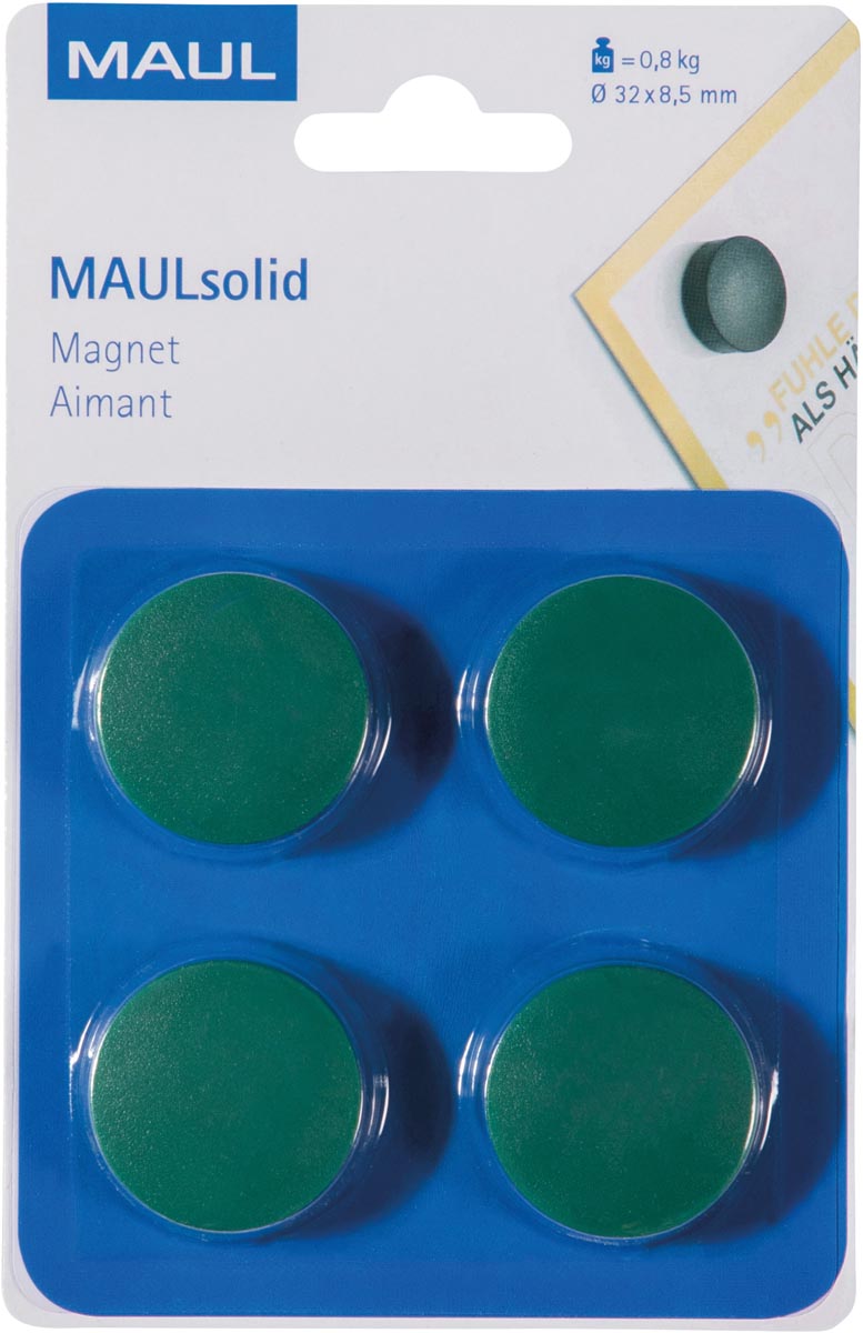 MAUL magneet Solid, 32 mm, trekkracht 800 gr, blister van 4 stuks, groen afbeelding