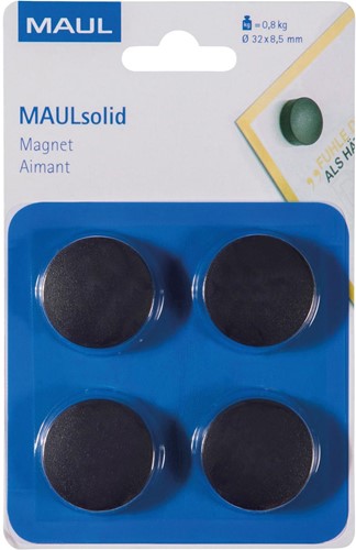 MAUL magneet Solid, 32 mm, trekkracht 800 gr, blister van 4 stuks, zwart