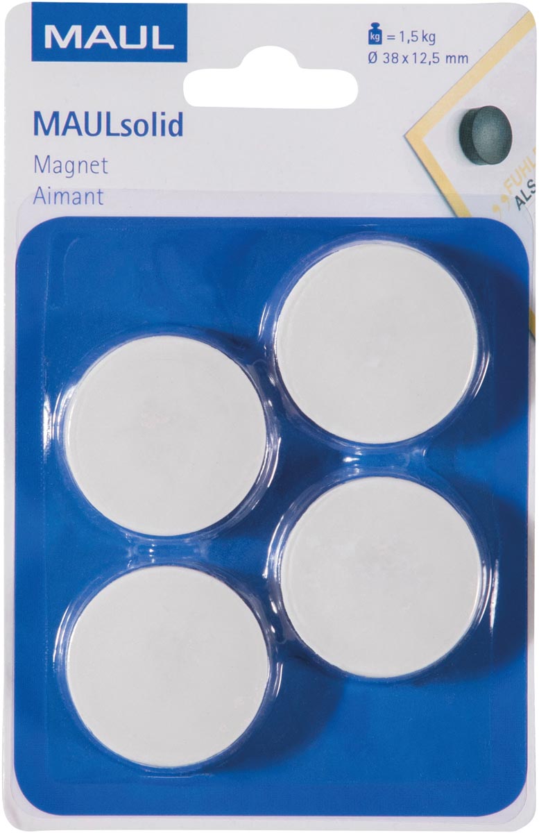MAUL magneet Solid, 38 mm, trekkracht 1,5 kg, blister van 4 stuks, wit afbeelding
