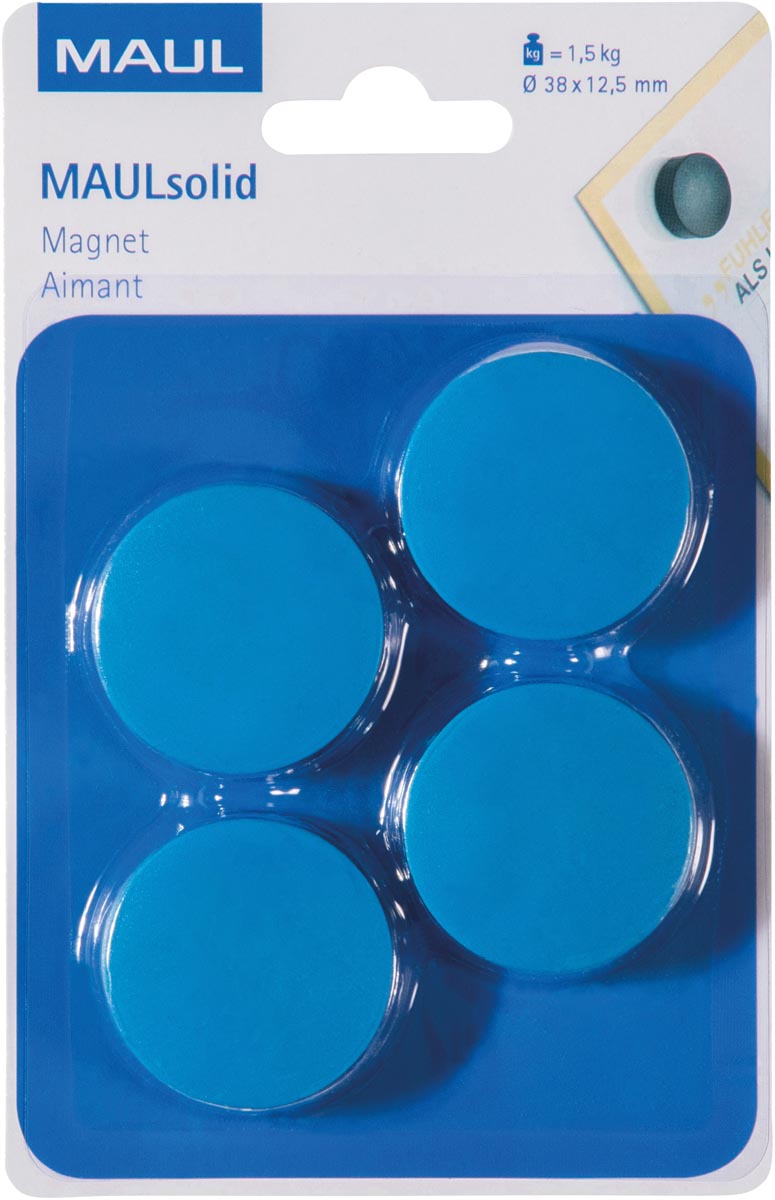 MAUL magneet Solid, 38 mm, trekkracht 1,5 kg, blister van 4 stuks, blauw afbeelding