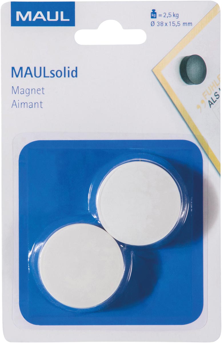 MAUL magneet Solid, 38 mm, trekkracht 2,5 kg, blister van 2 stuks, wit afbeelding