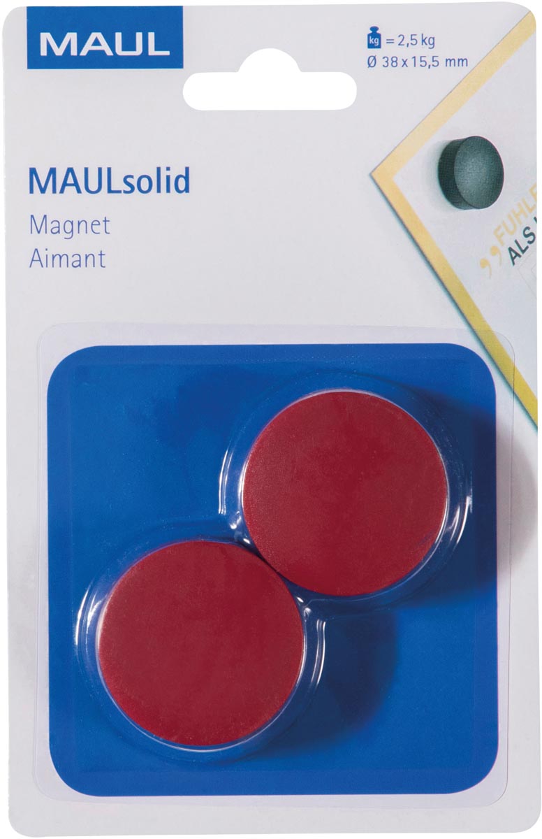 MAUL magneet Solid, 38 mm, trekkracht 2,5 kg, blister van 2 stuks, rood afbeelding