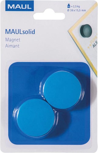 MAUL magneet Solid, 38 mm, trekkracht  2,5 kg, blister van 2 stuks, blauw