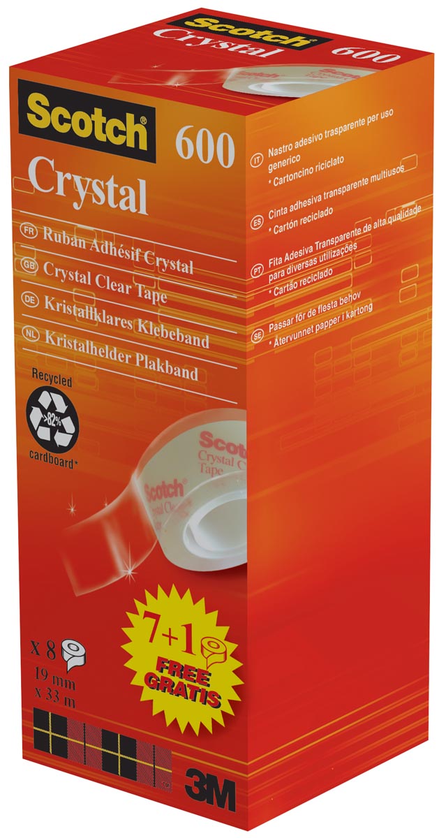 Scotch plakband Crysal Tape, ft 19 mm x 33m, 1 x value pack met 8 rollen waarvan 1 gratis Scotch plakband Crysal Tape, ft 19 mm x 33m, 1 x value pack met 8 rollen waarvan 1 gratis