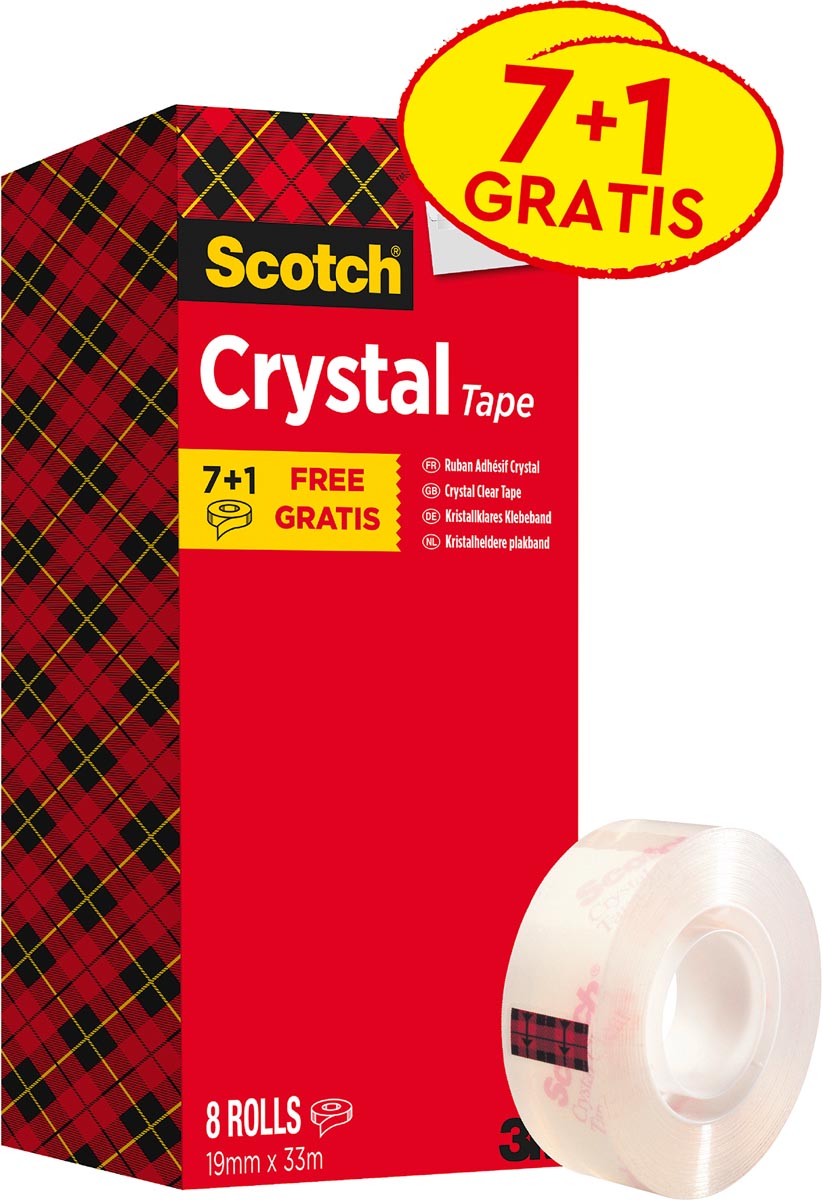 Scotch plakband Crysal Tape, ft 19 mm x 33m, 1 x value pack met 8 rollen waarvan 1 gratis afbeelding
