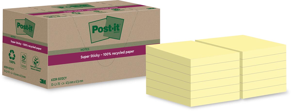 Post-it Super Sticky Notes Recycled, 70 vel, ft 47,6 x 47,6 mm, geel, pak van 12 blokken afbeelding