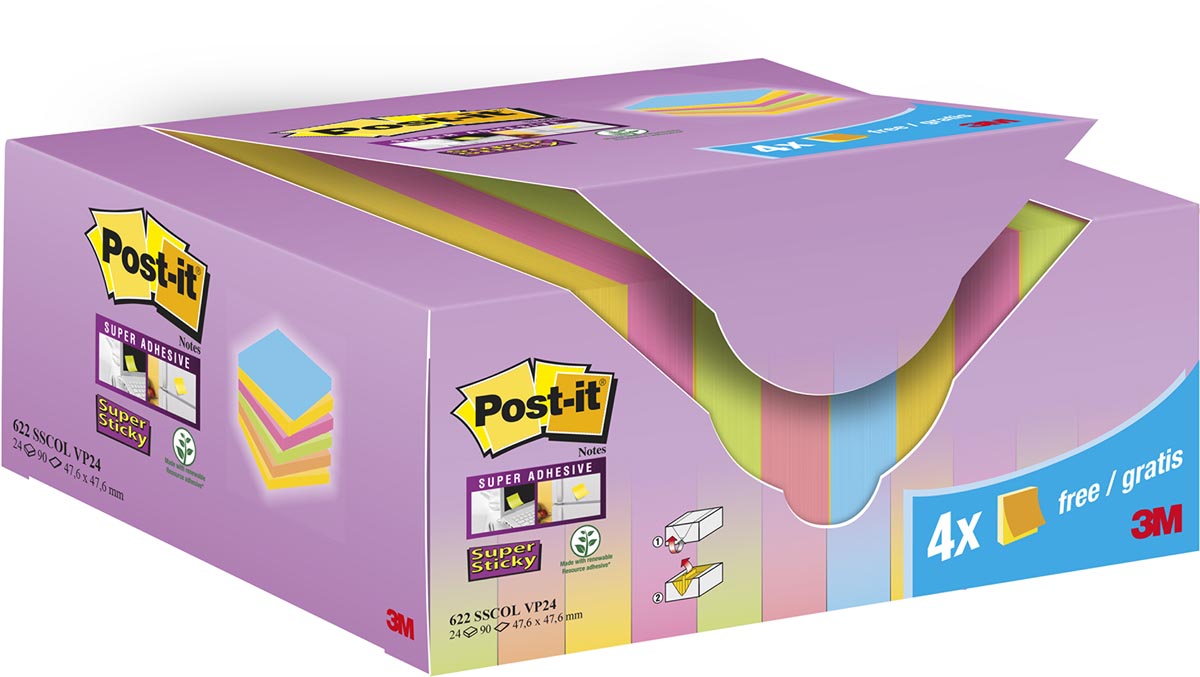 Post-it Super Sticky Notes Colour, 90 vel, ft 47,6 x 47,6 mm, 20 + 4 GRATIS afbeelding
