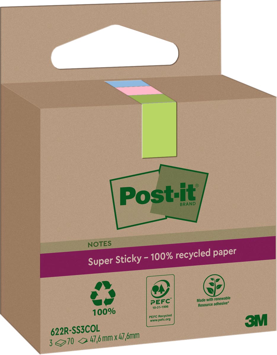 Post-it Super Sticky Notes Recycled, 70 vel, ft 47,6 x 47,6 mm, assorti, pak van 3 blokken afbeelding