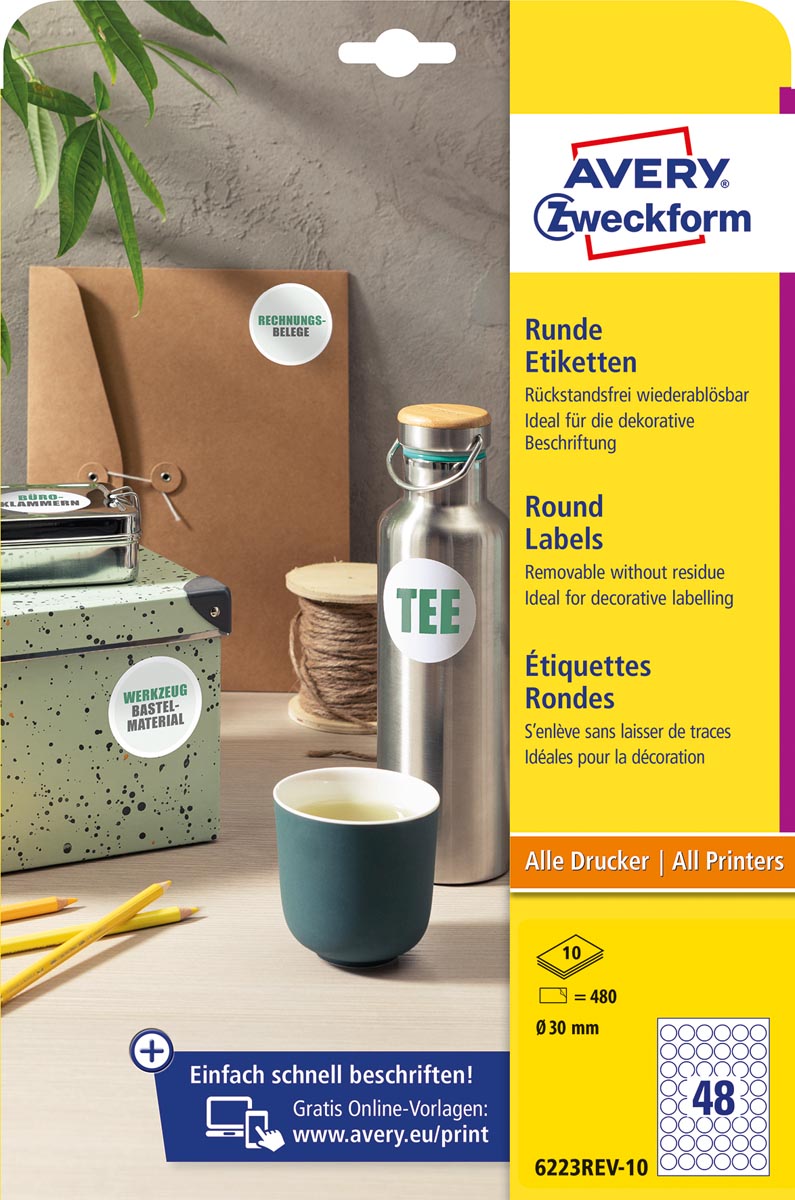 Avery Zweckform ronde etiketten, diameter 30 mm, wit, afneembaar, 480 etiketten, 10 vellen