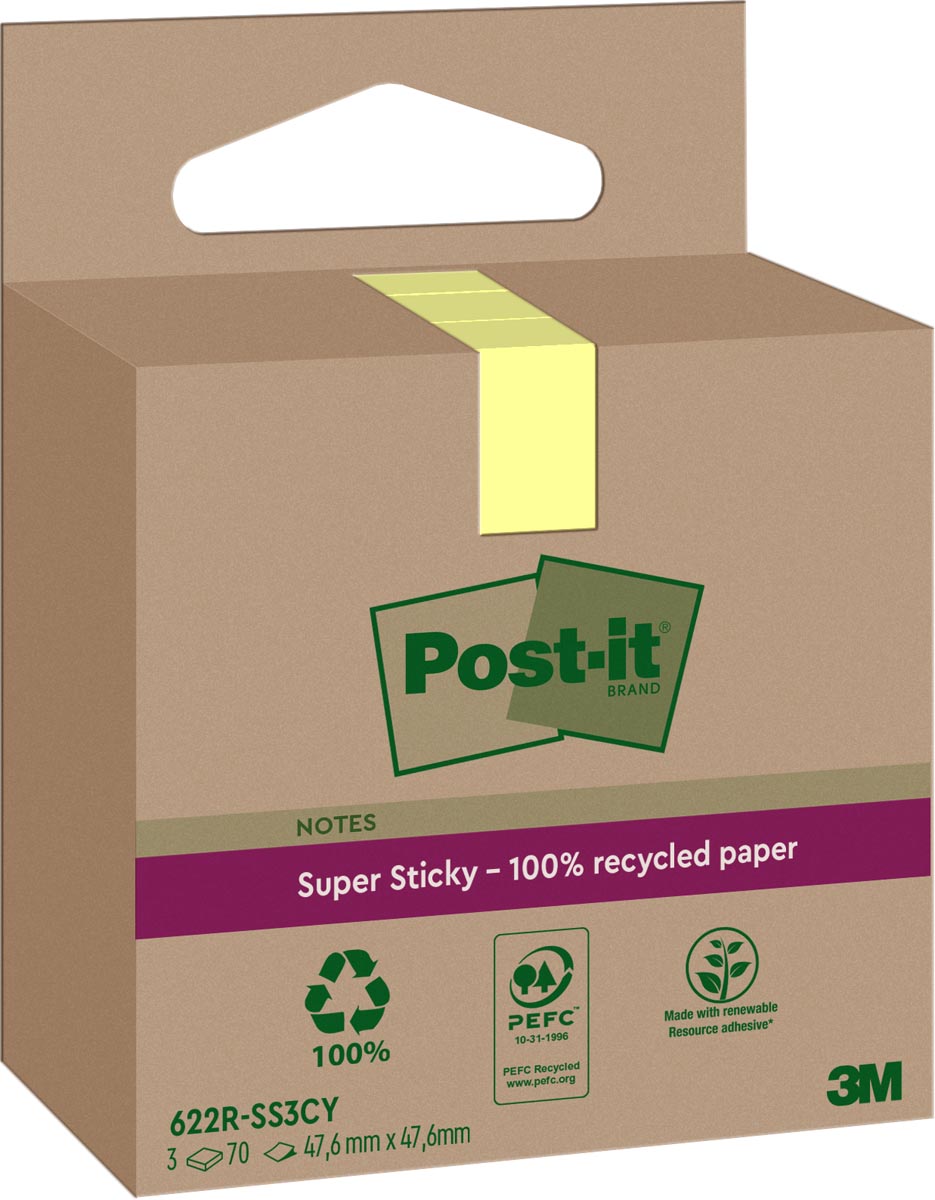 Post-it Super Sticky Notes Recycled, 70 vel, ft 47,6 x 47,6 mm, geel, pak van 3 blokken afbeelding