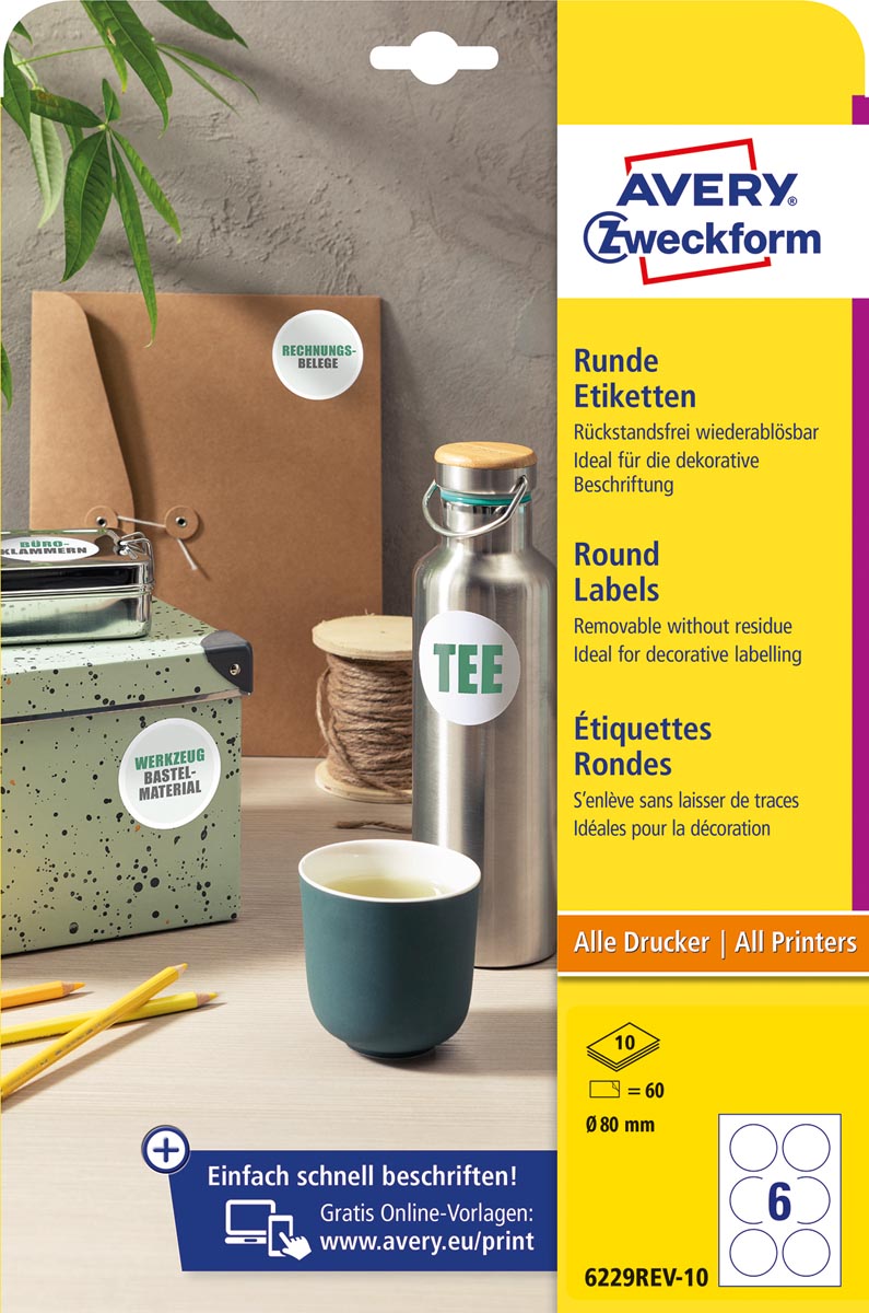 Avery Zweckform ronde etiketten, diameter 80 mm, wit, afneembaar, 60 etiketten, 10 vellen afbeelding