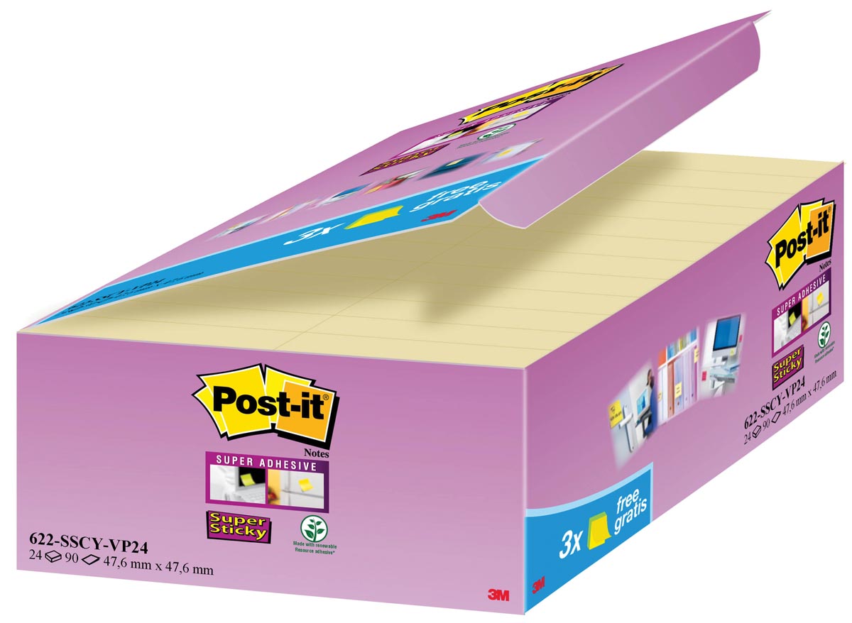 Post-it Super Sticky notes, 90 vel, ft 47,6 x 47,6 mm, geel, pak van 21 + 3 GRATIS afbeelding
