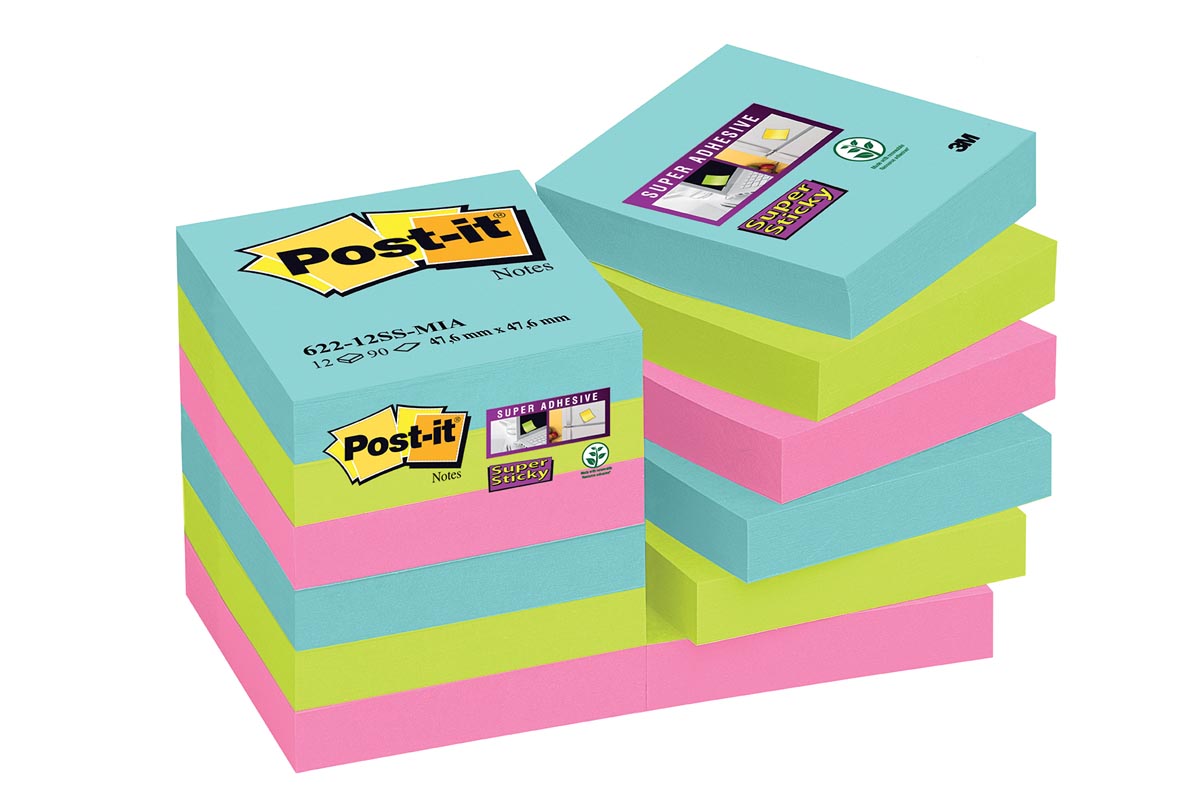 Post-it Super Sticky notes Cosmic, 90 vel, ft 47,6 x 47,6 mm, pak van 12 blokken