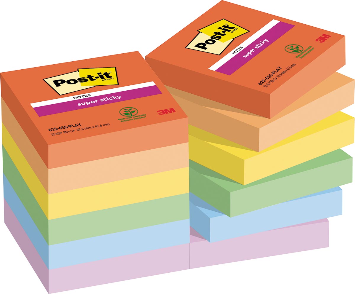 Post-it Super Sticky notes Playful, 90 vel, ft 47,6 x 47,6 mm, geassorteerde kleuren, pak van 12 blo Post-it Super Sticky notes Playful, 90 vel, ft 47,6 x 47,6 mm, geassorteerde kleuren, pak van 12 blo