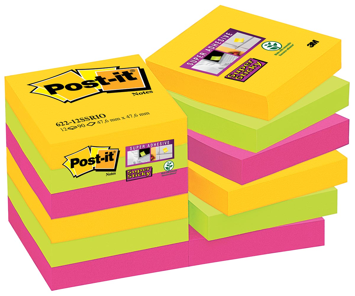 Post-it Super Sticky notes Carnival, 90 vel, ft 47,6 x 47,6 mm, pak van 12 blokken