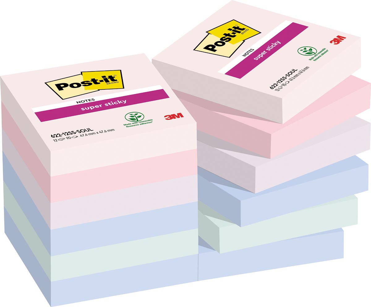 Post-it Super Sticky notes Soulful, 90 vel, ft 47,6 x 47,6 mm, geassorteerde kleuren, pak van 12 blo Post-it Super Sticky notes Soulful, 90 vel, ft 47,6 x 47,6 mm, geassorteerde kleuren, pak van 12 blo