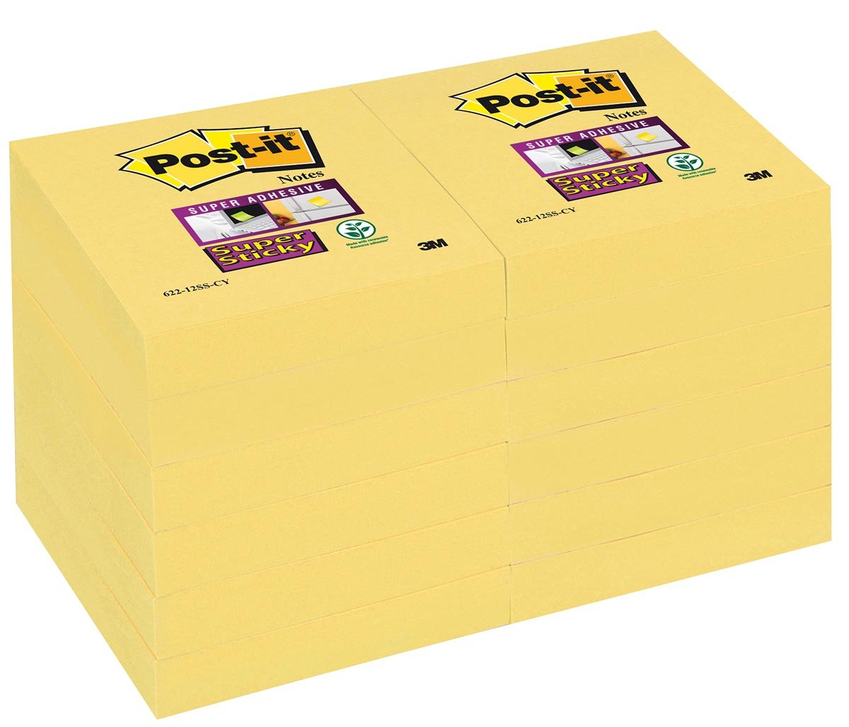 Post-it Super Sticky notes, ft 47,6 x 47,6 mm, geel, 90 vel, pak van 12 blokken