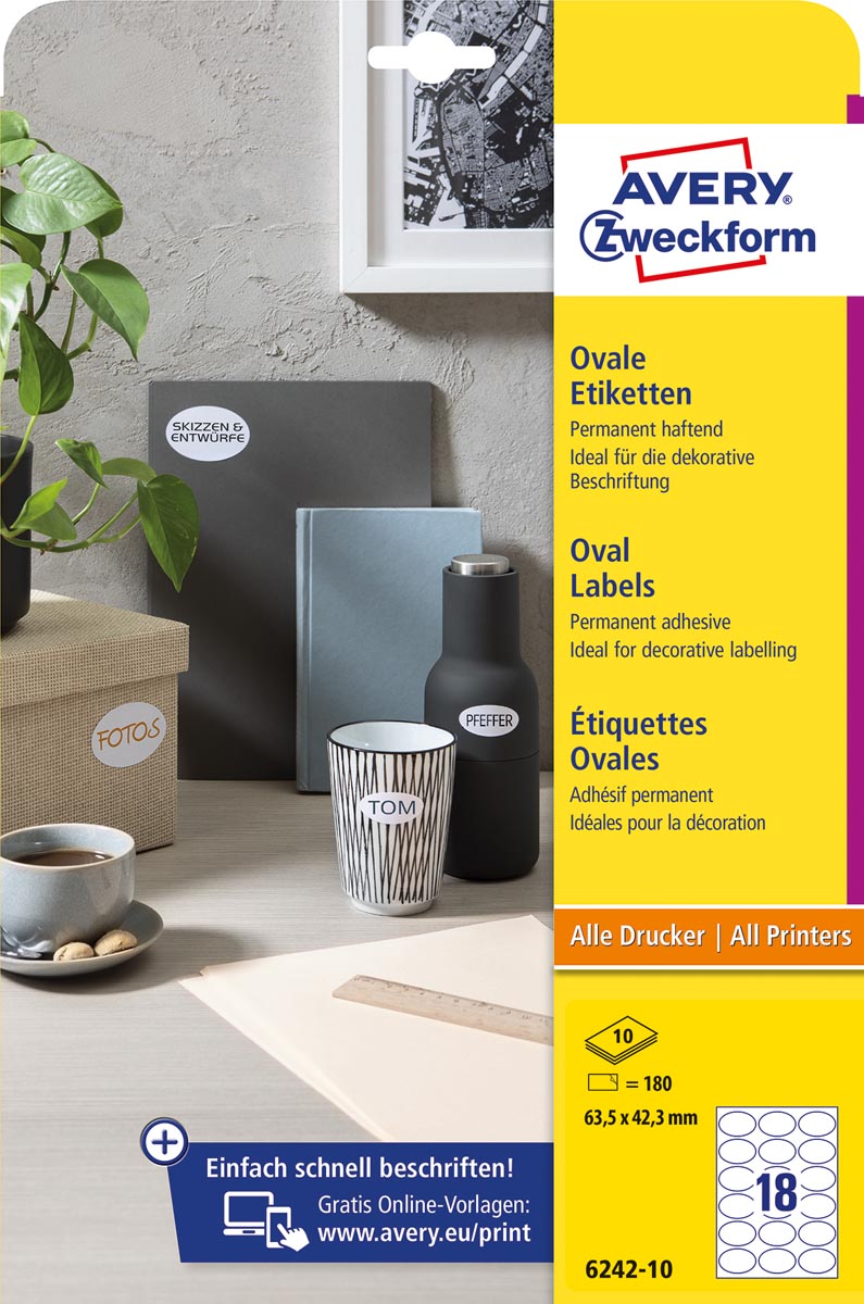 Avery Zweckform ovale etiketten, 63,5 x 42,3 mm, wit, permanent klevend 180 etiketten, 10 vellen