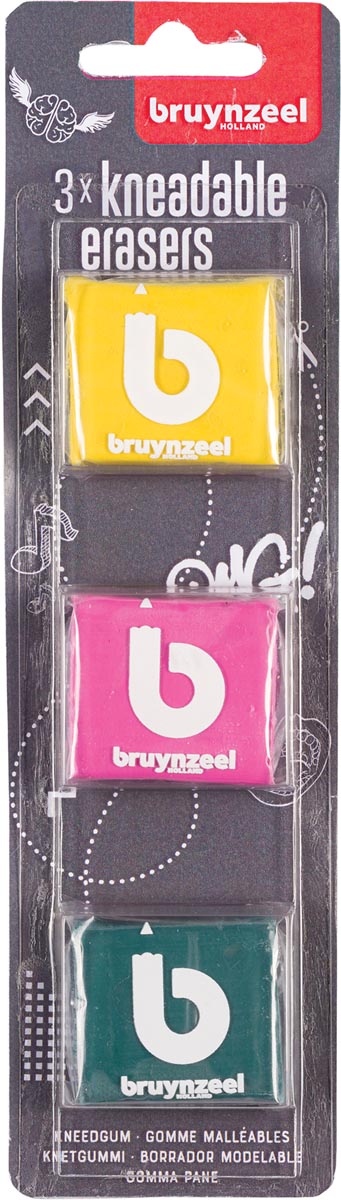 Bruynzeel kneedgum, geassorteerde kleuren, blister van 3 stuks