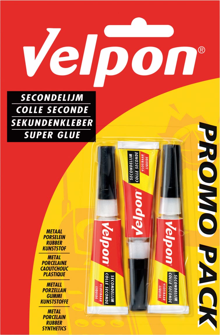 Velpon secondelijm, 3 x tube van 3 g, op blister Velpon secondelijm, 3 x tube van 3 g, op blister