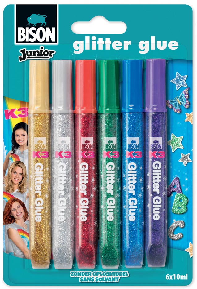 Bison Junior K3 glitterlijm, blister met 6 stuks in geassorteerde kleuren