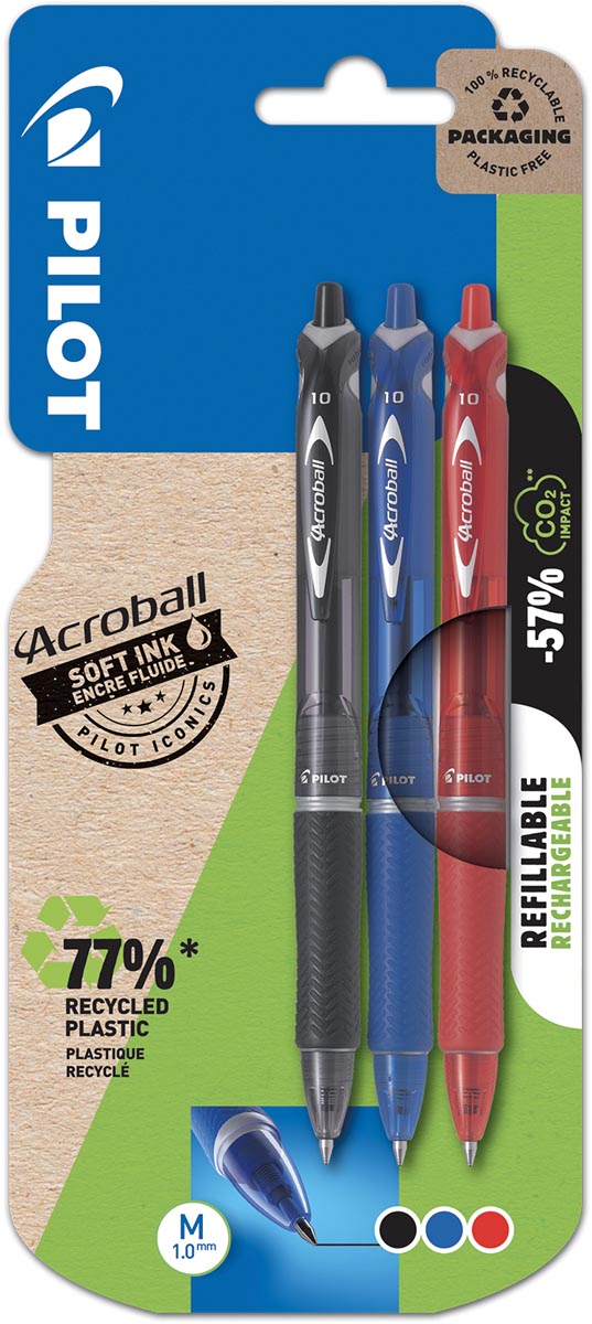 Pilot balpen Acroball Clicker, schrijfbreedte 0,7 mm, medium punt, blister van 3 stuks