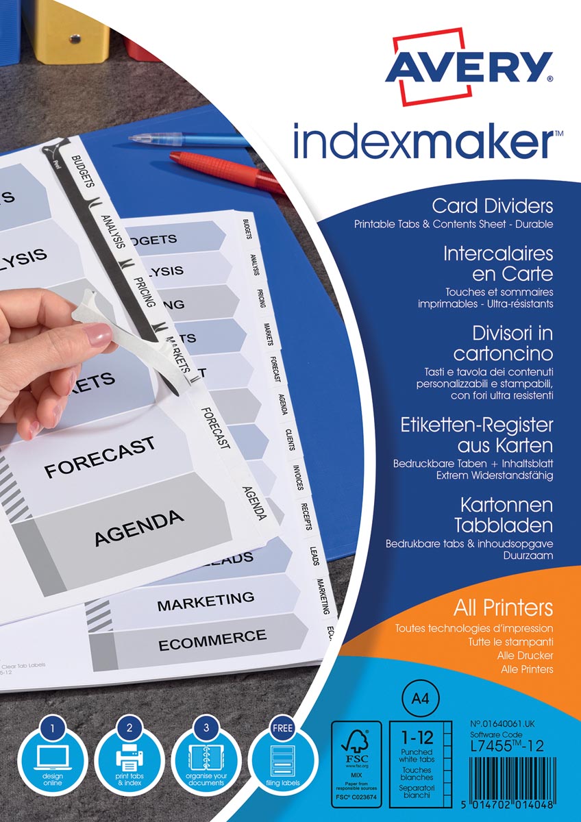 Avery IndexMaker tabbladen uit karton met schut- en indexbladen, ft A4, 12 tabs, wit