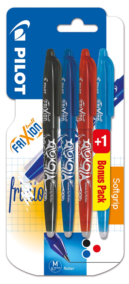 Pilot gelroller Frixion Ball, blister met 4 stuks (3 + 1 GRATIS) in geassorteerde kleuren