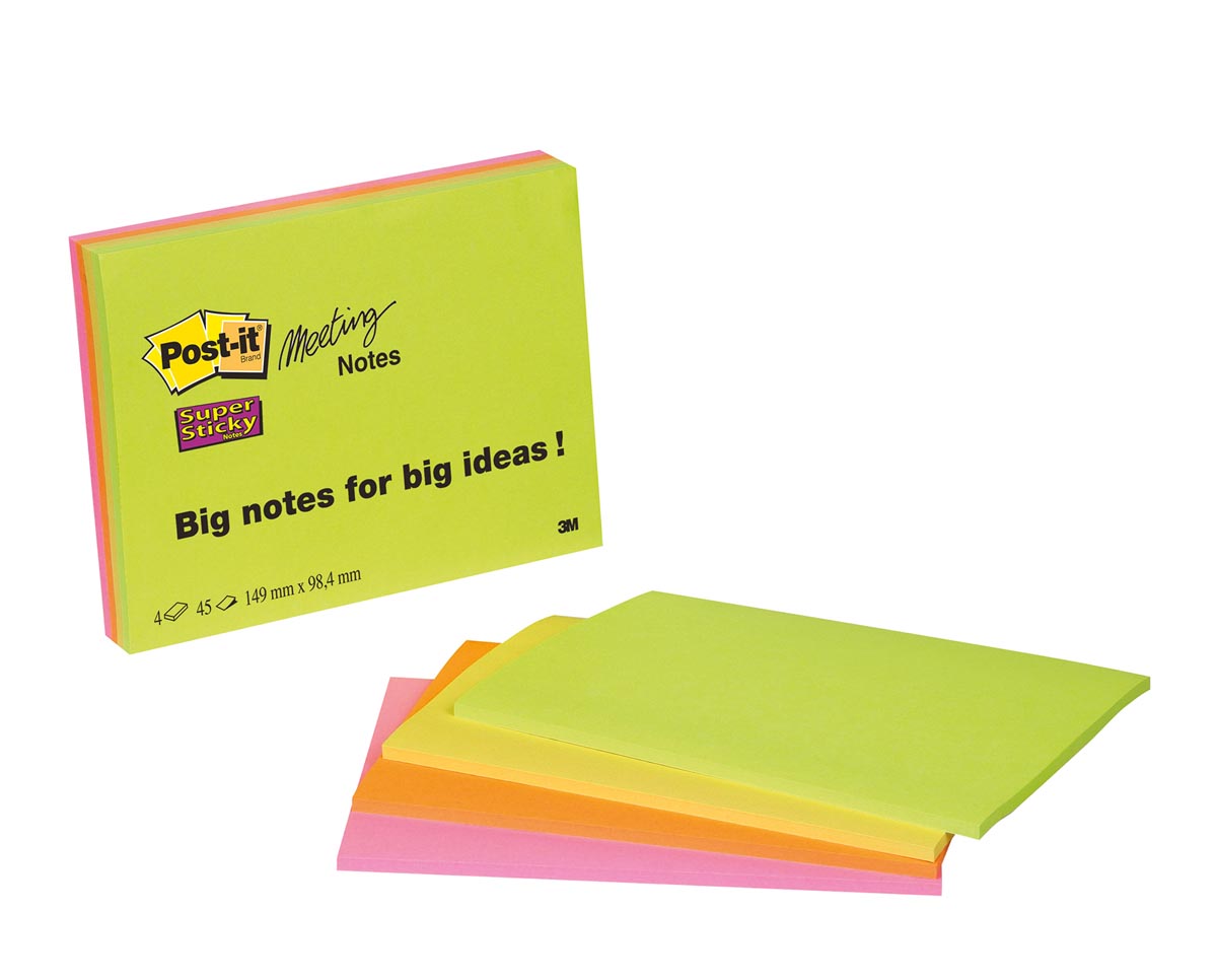 Post-It Super Sticky Meeting notes, 45 vel, ft 101 x 152 mm, geassorteerde kleuren, pak van 4 blokken afbeelding
