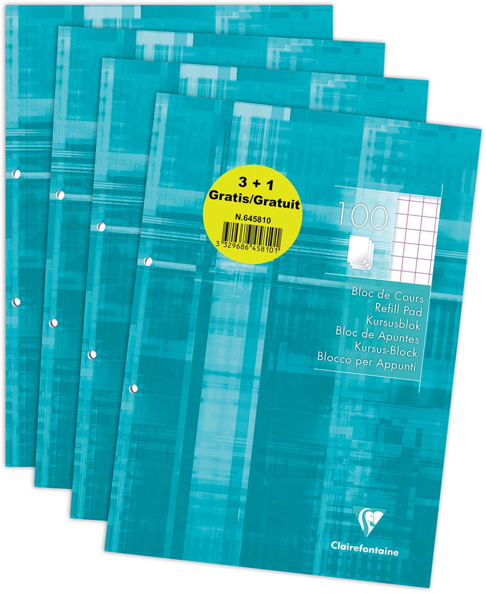Clairefontaine cursusblok ft A4, met kantlijn, geruit 10 mm, pak 3 + 1 GRATIS Clairefontaine cursusblok ft A4, met kantlijn, geruit 10 mm, pak 3 + 1 GRATIS
