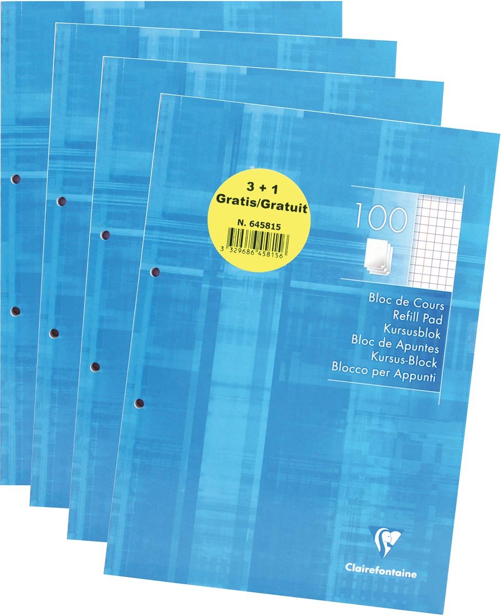 Clairefontaine cursusblok ft A4, met kantlijn, geruit 5 mm, pak 3 + 1 GRATIS Clairefontaine cursusblok ft A4, met kantlijn, geruit 5 mm, pak 3 + 1 GRATIS