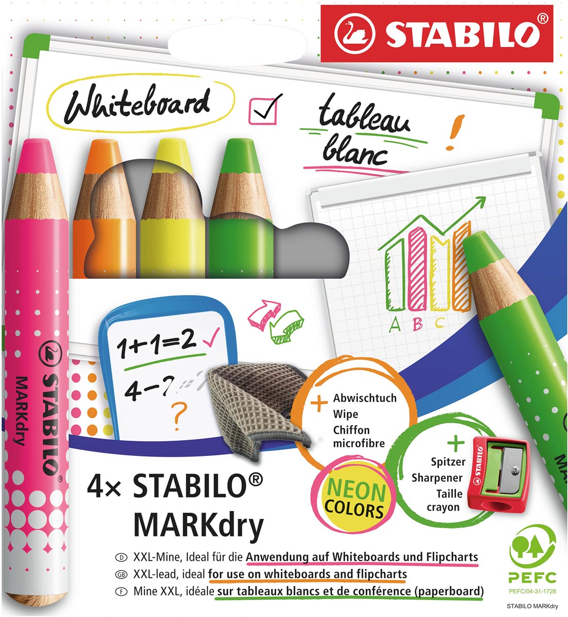 Stabilo MARKdry potlood voor whiteboards, etui van 4 stuks in geassorteerde neon kleuren
